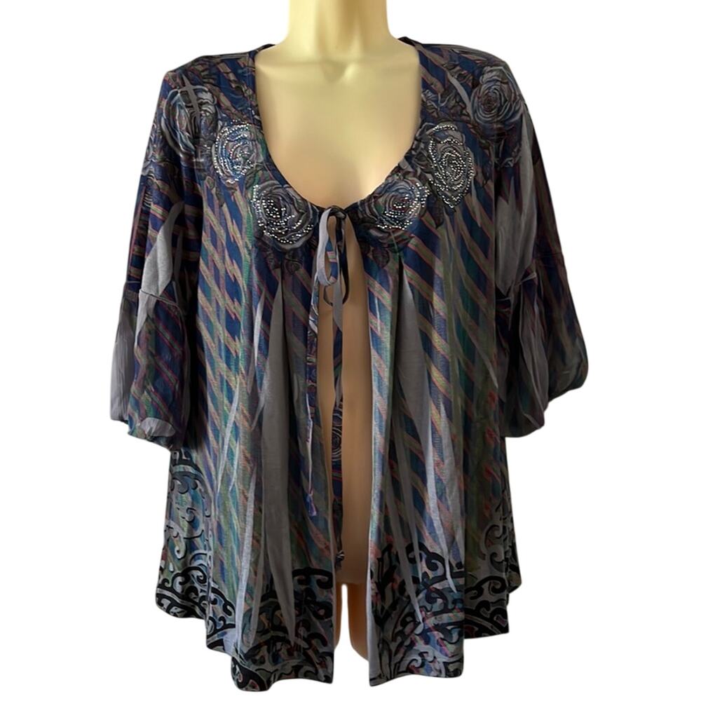 Multicolor Print Cardigan Sweater with Embellishments Woman Size Medium Y2K